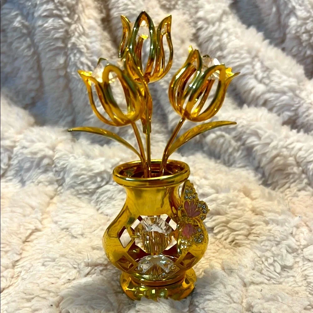 Matashi 24k Gold Plated Flower Bouquet and Vase w/ Crystals & Pink Butterfly